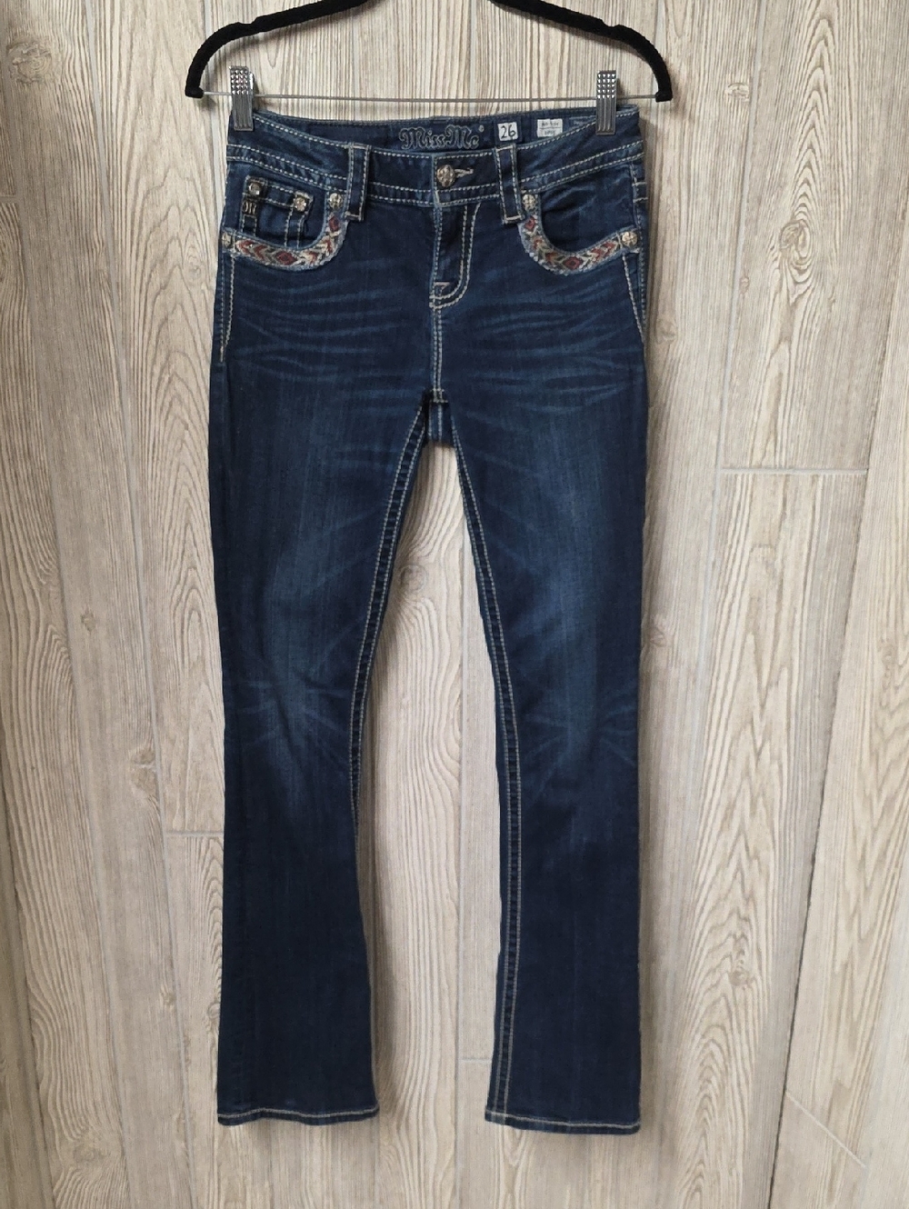 Miss Me Mid Rise Bootcut Blue Embroidered Pocket Jeans Womens Waist Size 26